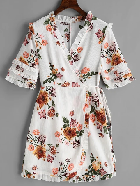 ZAFUL Women Floral Wrap Mini Dress Bowknot Ruffles V-Neck Flower Print Dresses Casual Summer Female Dress Vestidos New Arrival