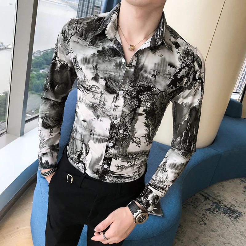 Korean Slim Fit Men Shirt Brand New Long Sleeve Print Mens Casual Shirts Night Club/Party/Prom Dress Shirt Male Clothing 3XL-M Korean Slim Fit Men Shirt Brand New Long Sleeve Print Mens Casual Shirts Night Club/Party/Prom Dress Shirt Male Clothing 3XL-M