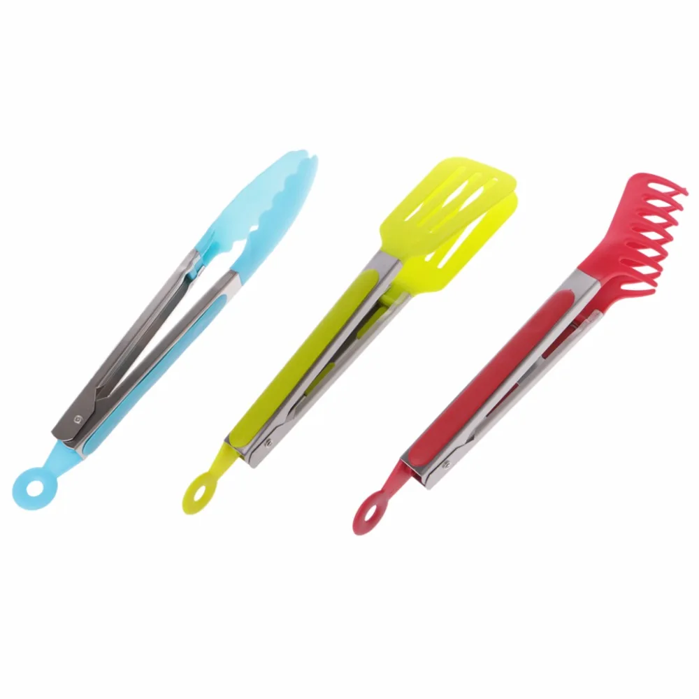 

1Pc Multi-Purpose 9 inch Food Grade Silicone Tongs Stainless Steel BBQ Noodle Clip Tip Flat blade Clip Kitchen Tools C42