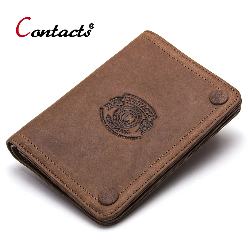 

CONTACT'S Men Wallet Credit Card Holder Coin Purse Crazy Horse Cow Genuine Leather Wallet Male Purse Small Slim Money Bag Perse