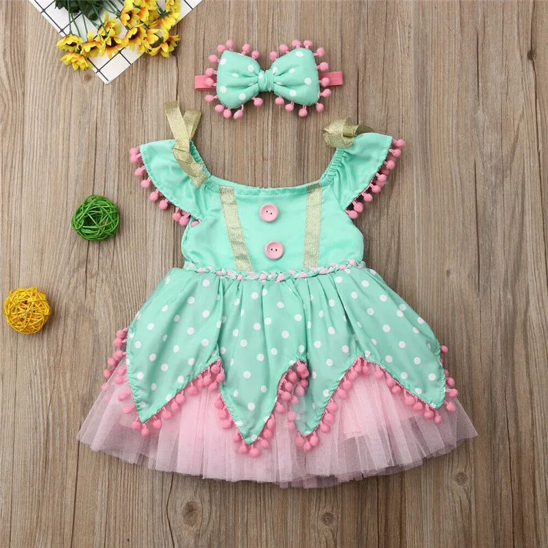 

Princess Kids Baby Girl Sets Clothing Tassels Bow Sleeve Tulle Tutu Dress Wedding Birthday Christening Dress+Headband 2Pcs 6M-5Y