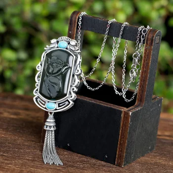 

BOCAIS925 Silver pendant inlaid with natural Hetian natural stone Peony Magpie green natural stone and Pearl Pendant