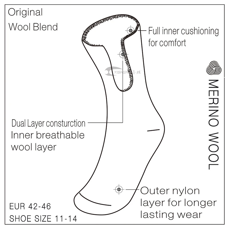 Yisheng Merinos шерстяные носки для мужчин и женщин высокое качество полная амортизация махровые толстые теплые рабочие носки