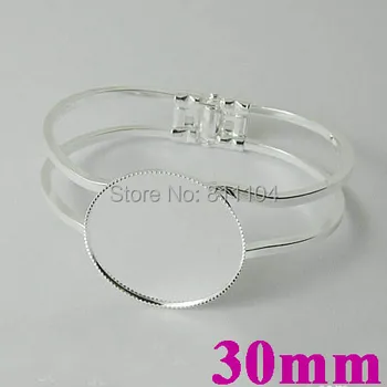 

30mm New Silver Plated Brass Blank Round Bezel Tray Glass Cabochon Bases Spring cuff Bracelet Bangle Settings Wholesale