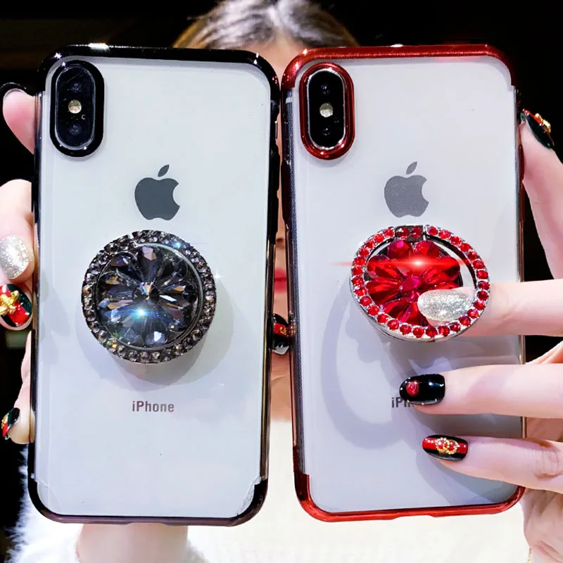 

Phone Cases For iPhone XR XS MAX X 8 7 6 6S Plus Transparent Soft TPU Bling Diamond Finger Ring Holder Cases Cover For iPhone XR