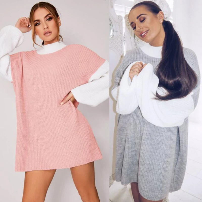 

Sexy Round Neck Loose Color Matching Dress Solid Straight Casual Women Dress New Style Autumn And Winter Dress