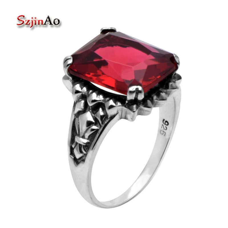 

Szjinao Wholesale Retro Jewelry With Square Red Stone Ruby Ring Authentic Vintage 925 Sterling Silver Rings For Women Gift