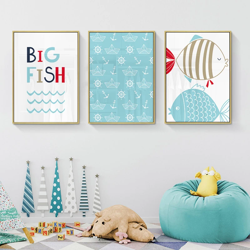 Ocean World Baby Animal Fish Anchor Wall Art Canvas Painting Nursery Nordic Poster and Print Decorative Picture Kids Room Decor