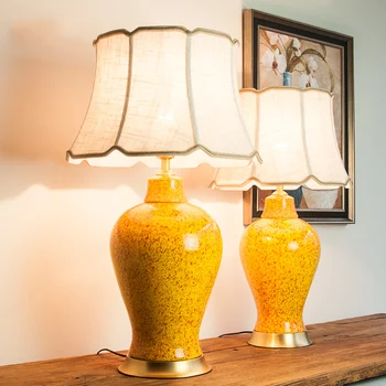 

Modern Jingdezheng Yellow Ceramic Table Lamps Luxtry Red Point Shape Copper Base Desk Lights For Bedroom Bedside Decor Lights