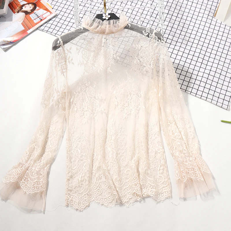 Lace See-through Women Blouse Summer Ruffled Neck Butterfly Sleeve Sexy Ladies Tops Flower Back Shirts Night Club Tops 0.07