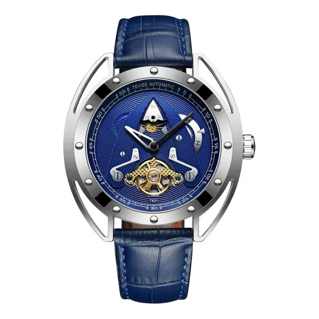 Модные мужские брендовые автоматические механические часы Tevise с кожаным ремешком Tourbillon Moon Phase, спортивные часы Relogio Masculino - Цвет: blue