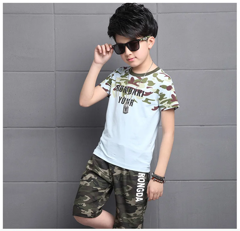 2019 summer boys teenage sport sets kids short sleeves T-Shirt + camouflage shorts suits boys clothes sets 3-10T (4)