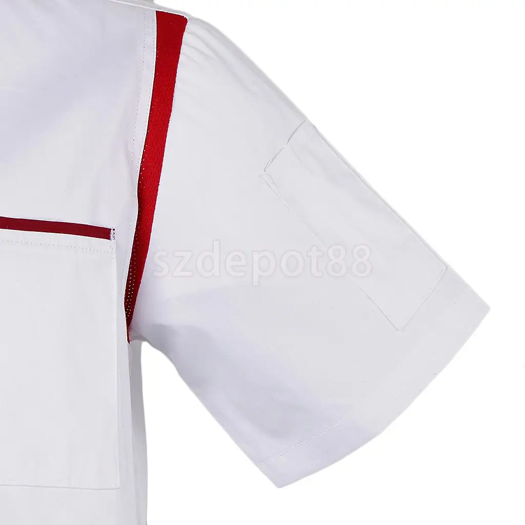 Unisex Chef Jacket White Red Air Mesh Short Sleeve Double Breasted Hotel Kitchen Catering Chefwear Coat Uniform Shirt Tops