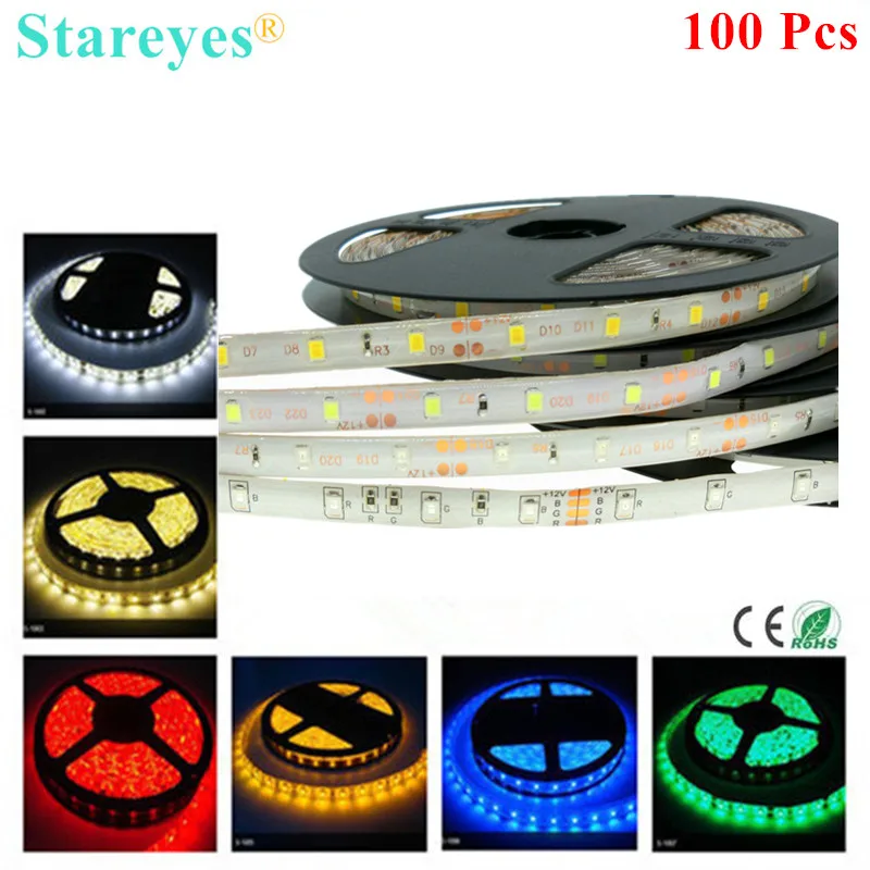 

100 pcs DC12V 5m SMD 2835 3528 270 300 LED 54 60LED/m IP65 Waterproof Epoxy LED Strip Light Flexible led RGB String tape