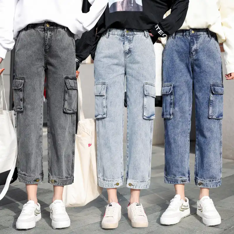 denim cargo pants with side strap