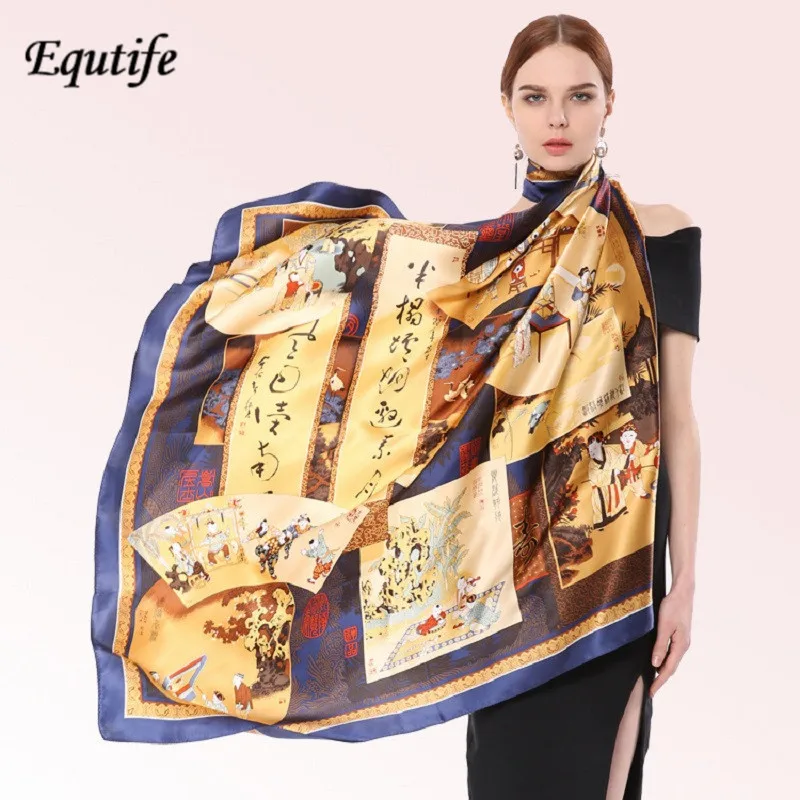 

Top-grade Mulberry Silk Square Scarf Women Blessing Pattern Chinese Style Scarves Elegant Beautiful Sunscreen Pashmina HA053