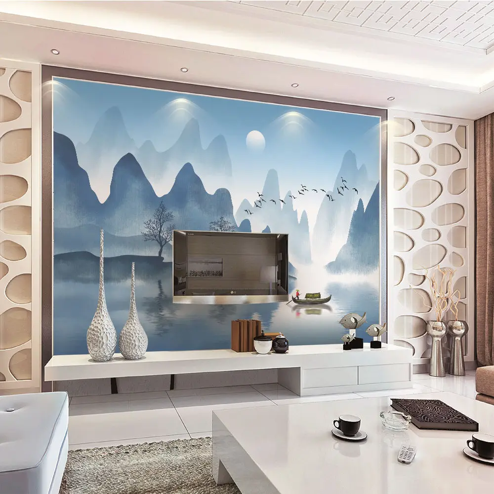 Custom wallpaper murals simple modern blue ink landscape bedroom wall - high-grade waterproof material Custom wallpaper murals simple modern blue ink landscape bedroom wall - high-grade waterproof material