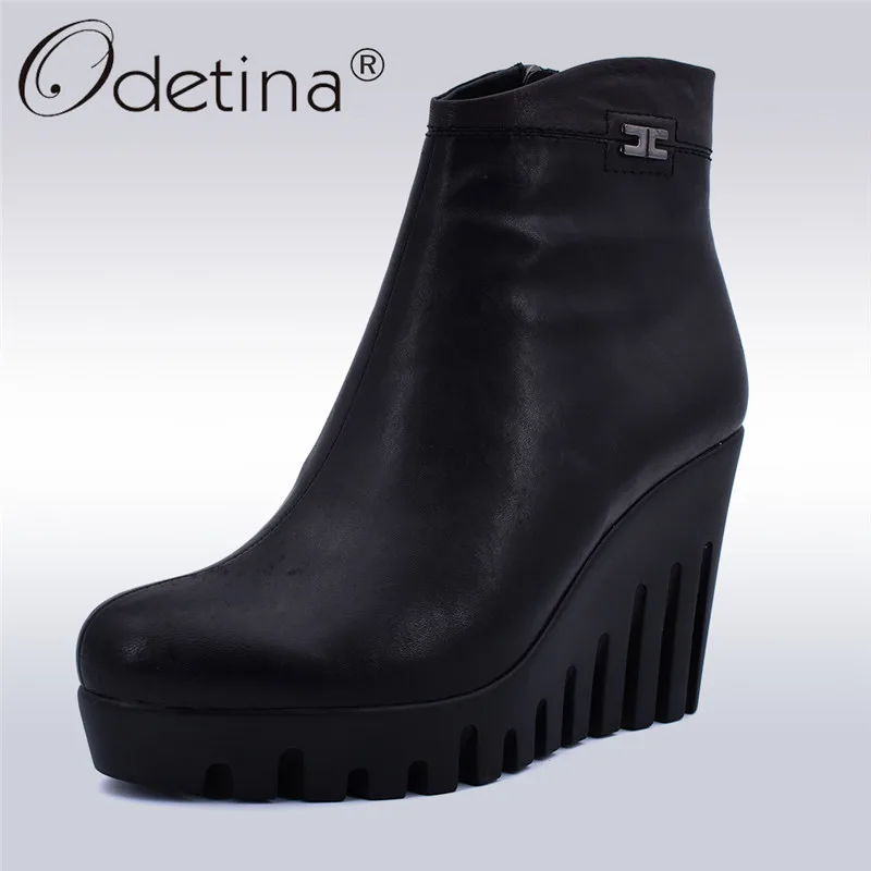 

Odetina New Fashion Genuine Leather Wedge Boots Women Platform Super High Heels 10cm Ankle Boots Side Zip Warm Wool Winter Shoes