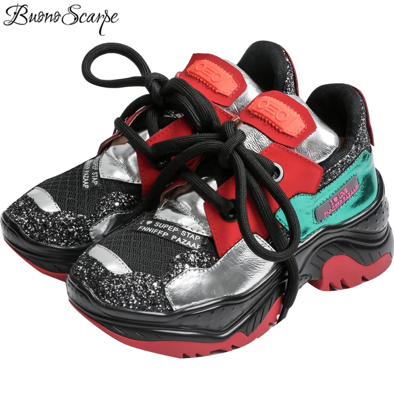 

Buono Scarpe Ladies Shoes Genuine Leather Mixed Color Sneakers Women Sneakers Bling Bling Sequined Sneakers Platform Thick Heels