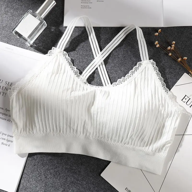 

ETOSELL Women Cropped Tops Lace Padded Bra Tops Solid Fashion Wireless Tube Tops Seamless Underwear Detachable Pad Bra Tops