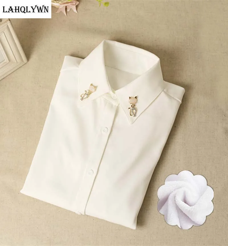 2017 Winter Warm Shirts Women's Shirt Solid Color Female Tops Blouse White Thick Business Formal NS3532 |