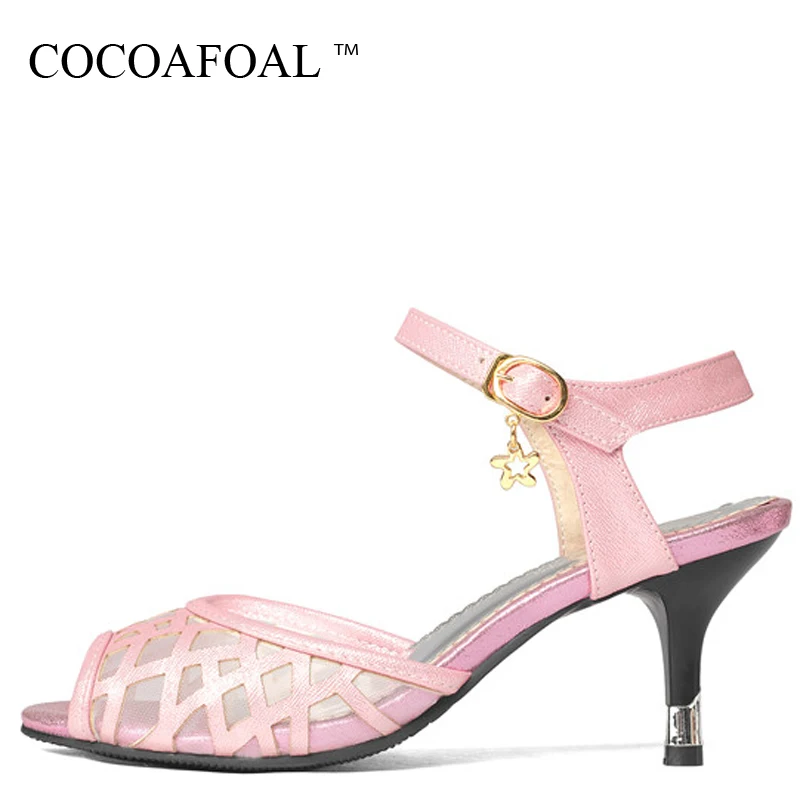 

COCOAFOAL Women Peep Toe Sandals Plus Size 33 43 Open Toe High Heels Shoes Summer Party Pink Beige White Hollow out Heels Sandal