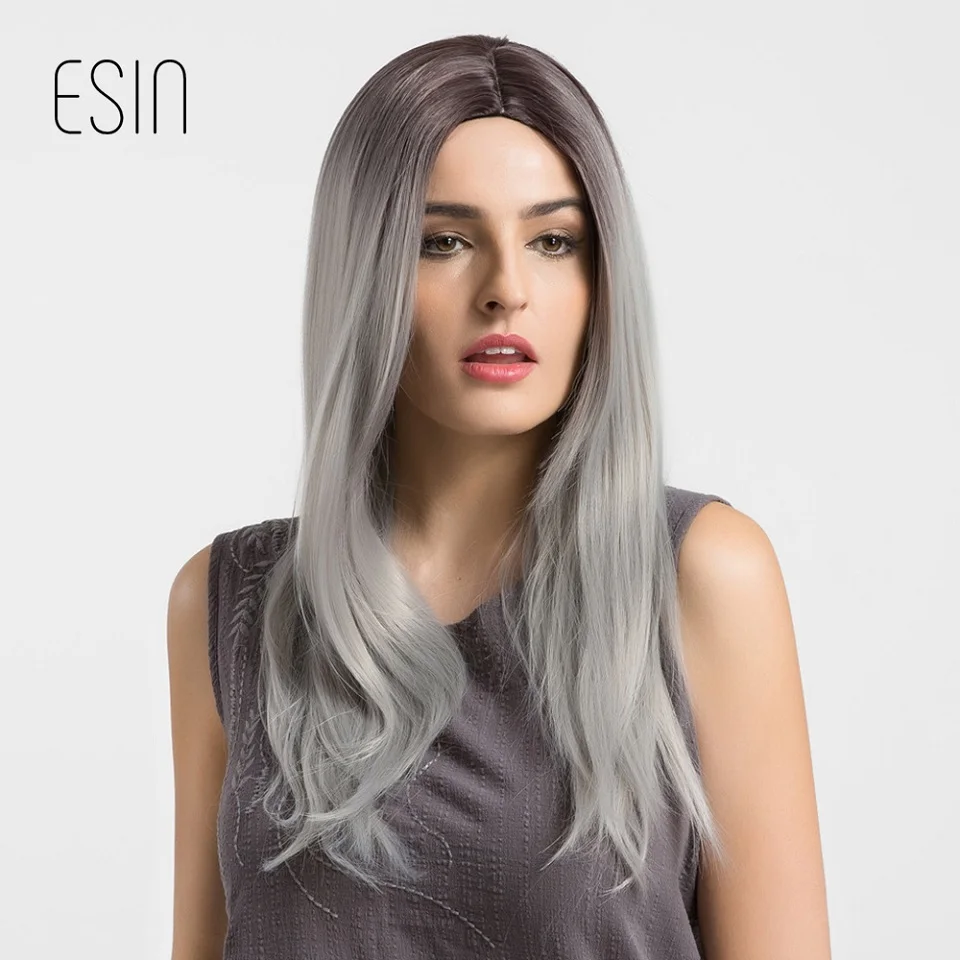 ESIN Искусственный серый парик с темными корнями Длинные прямые волосы Модное Омбре стального цвета тренд сезона Женские парики косплей