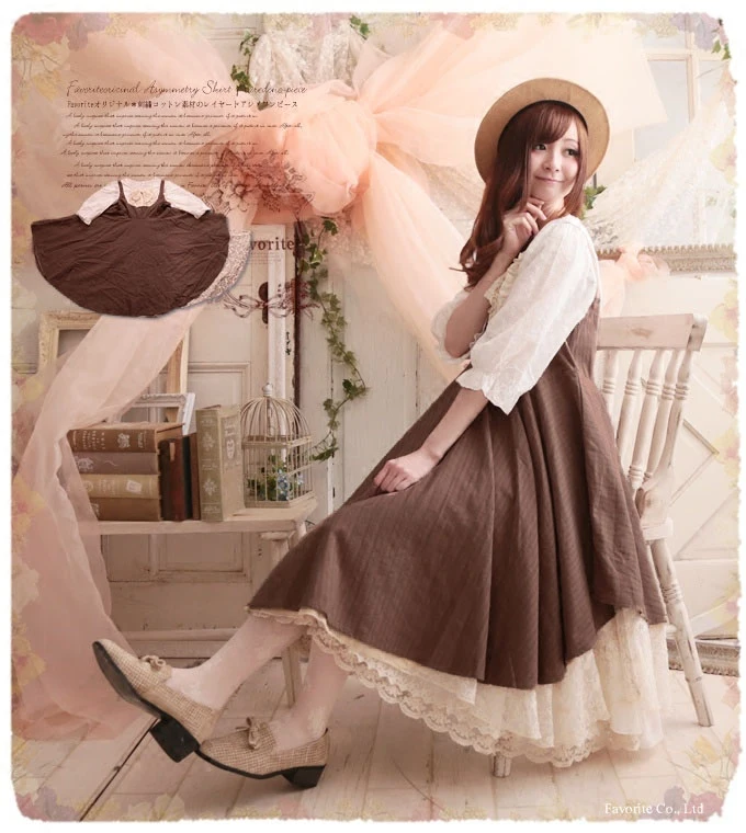 

Mori Girl Sweet Lolita Faux Two Piece Lace Cotton Dress Lantern Sleeve Princess Women Gothic Dress Mori Girl Summer Dress Boho