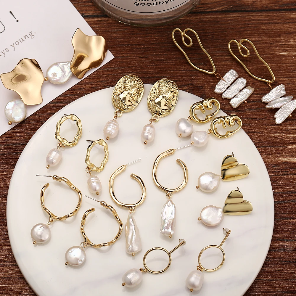 

2019 New Geometric Drop Dangle Earrings For Women Brincos Freshwater Irregular Pearl Earring Gold Heart Bohemian Jewelry Gift