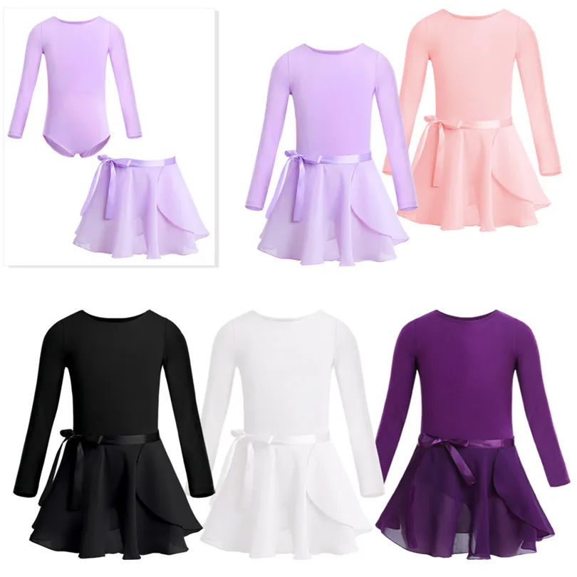 Kids Girls Long Sleeve Cotton Tulle Tutu Ballet Dance Leotard Dress For Performance Dancewear Clothes with Chiffon Tied Skirt Ballet Leotard Dance Leotard Girls Dance Costumes