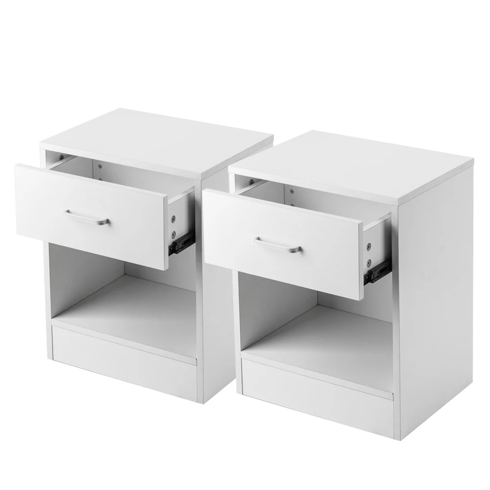 2pcs Wood Night Stand 2 Tiers 1 Drawer Bedside End Table Bedroom Furniture Organizer Storage Basket Nightstands Blakc White