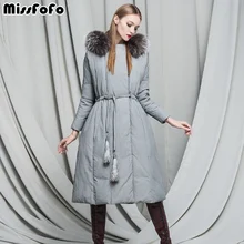 MissFoFo, брендовый пуховик с кисточками, супер теплый, уплотненный, женский дизайн, длинный пуховик, женский, с меховым воротником, выше колена, дизайн