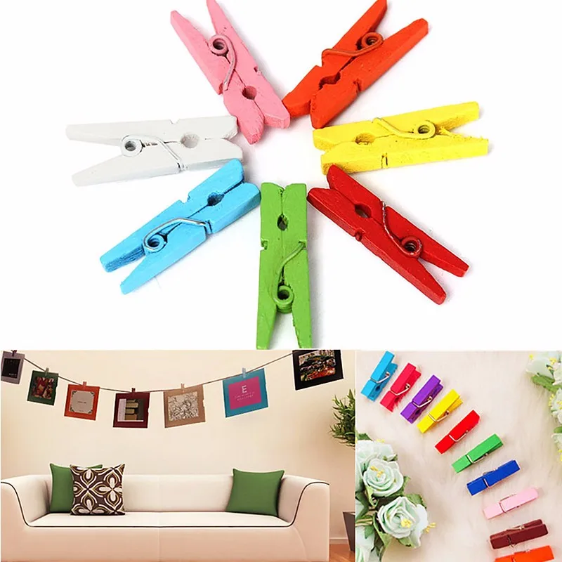 100PCS 25mm Mini Color Wooden Craft Pegs Clothes Paper Photo Hanging Spring Clips Clothespins For