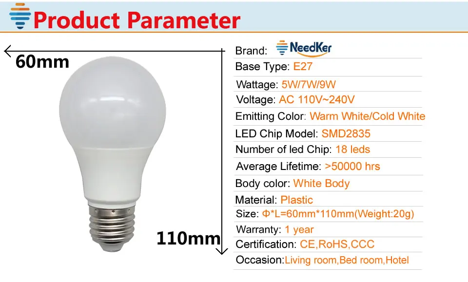 Needker A60 светодиодный лампы E27 SMD2835 5 W 7 W 9 W Светодиодная лампа AC 110 V 220 V 240 V светодиодный свет Теплый Холодный белый Освещение в помещении