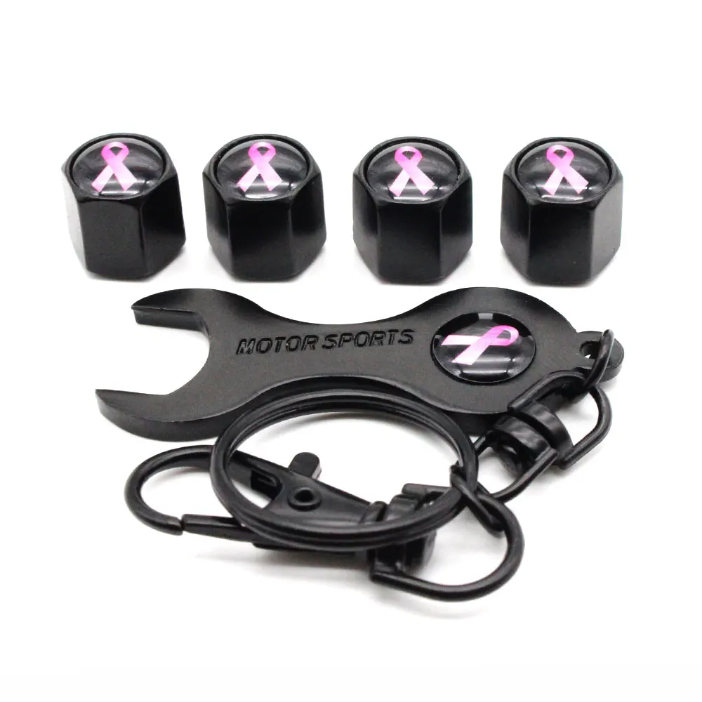 

5Pcs/Set Pink Ribbon Style Anti-theft Car Wheel Air Tire Valves Tire Valve Caps Stem with Wrench Keychain Ring Spanner New