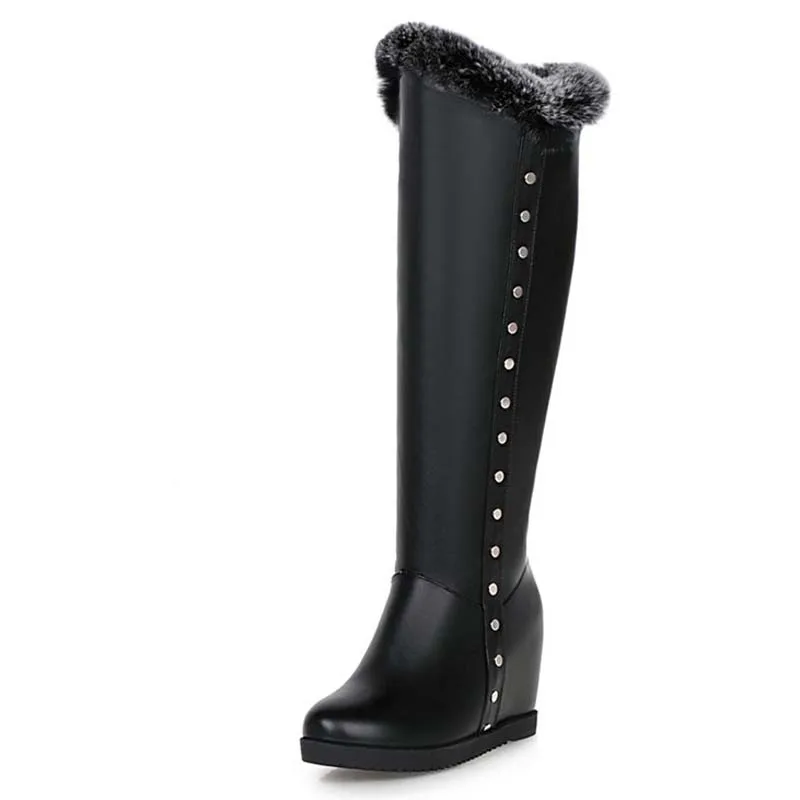 

Size 39 Advanced PU  Leather Knee High  Fashion Zip  Round Toe Height Increasing  Black Brown Boots For Women Boots
