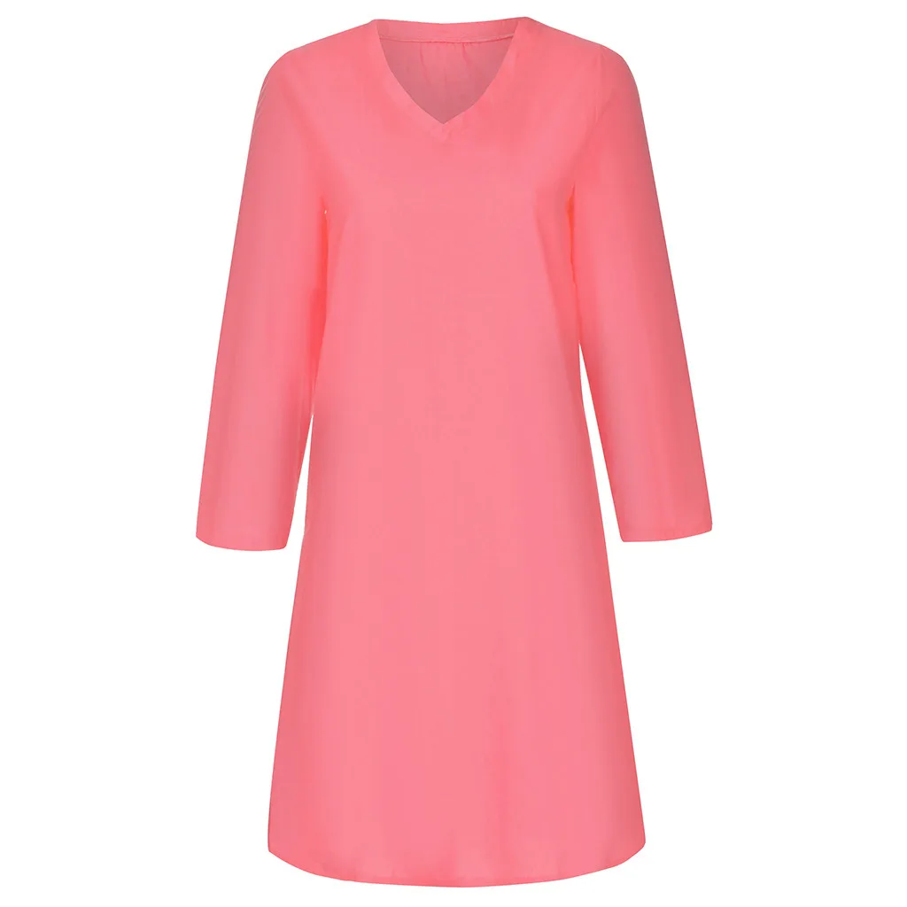 Женское платье большого размера, свободное однотонное платье с длинным рукавом, хлопок, лен, длина до колена, платья для вечеринок, повседневные женские платья, vestidos S-5XL - Цвет: Pink