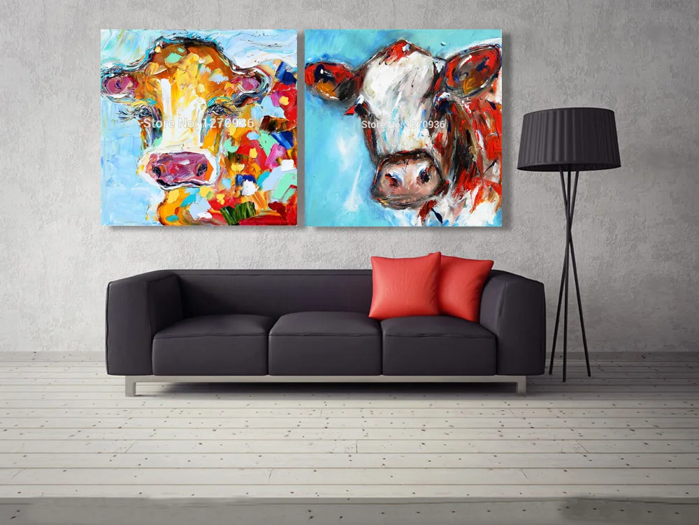 

New Arrival Colorful Skin Cow Oil Painting 100% Hand Painted Knife Cow Painting on Canvas for Baby's Room Wall Decor Animal Art