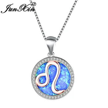 

JUNXIN Constellation Leo Pendant Blue White Fire Opal Necklaces For Women Silver Color Round Birthstone Necklace