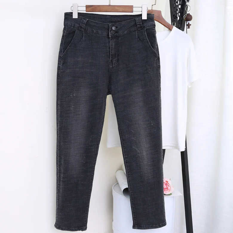 Женские джинсы-шаровары с высокой талией, умягчитель, плюс размер, джинсы, свободные, длина по щиколотку, черные джинсовые штаны, 5XL