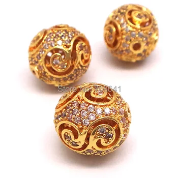 

12mm Gold plated Brass Micro Pave Zircon CZ Hollow Round Ball Beads Connectors Spacer Beads For DIY Bracelet Making Charms