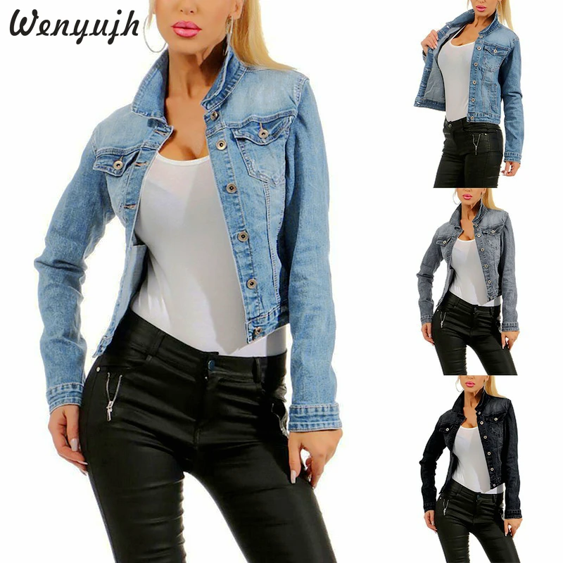 Wenyujh New Faded Wash Jeans Jacket Women Casual Breasted Denim Jacket Blue Black Loose Ladies Korean Jacket Brand