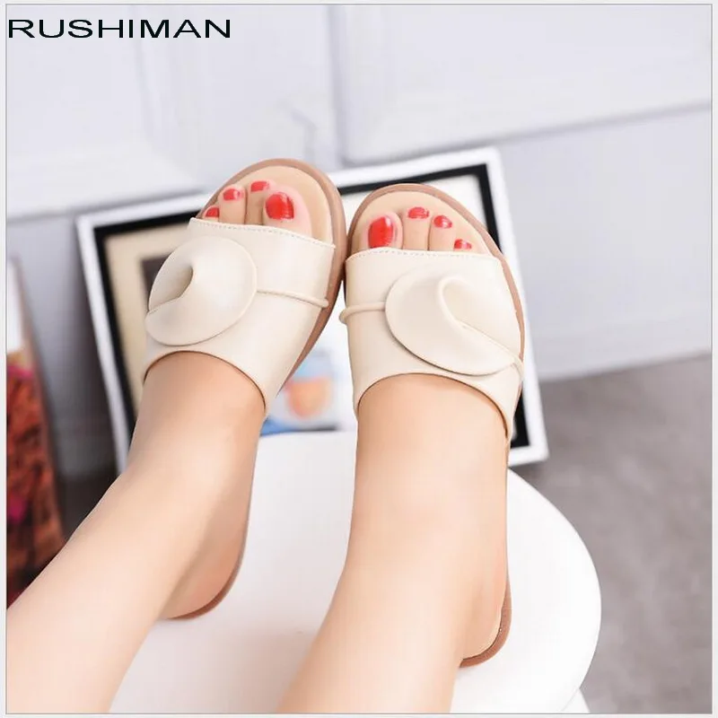 

2018 summer women slippers flat sandals shoes Leisure slippers slip-on round toe Genuine Leather sandals flip flops slides