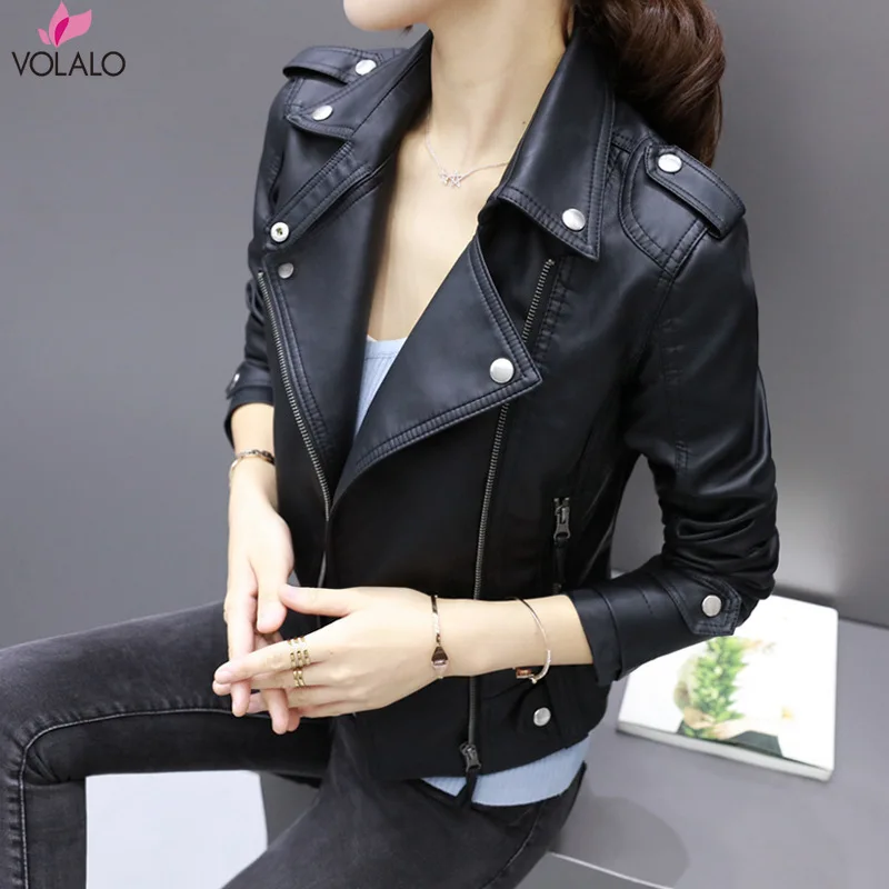 

2023 New Fashion Women Autumn Winter Black Faux Leather Jackets Zipper Basic Coat Turn-down Collar Biker Jacket With Blet 3xl