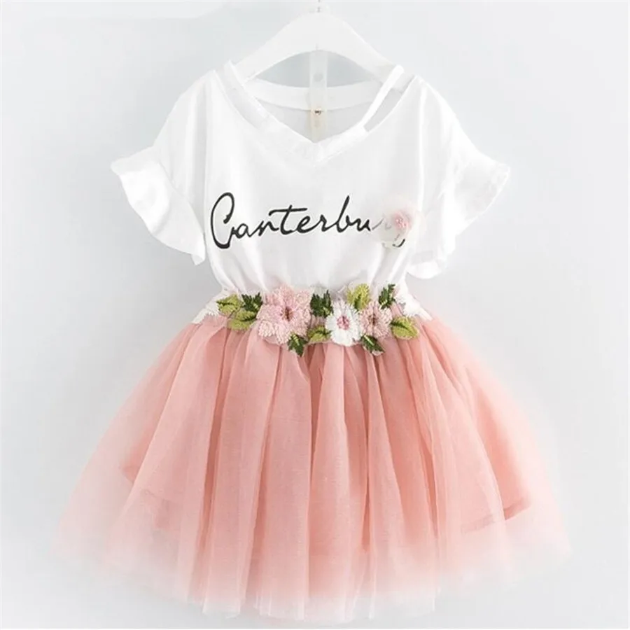 

Kids Baby Girl Clothes Dress 2018 Butterfly Short Sleeve V-Neck Letter T Shirts Tops+Floral Girls Dresses 2Pcs Outfits Set