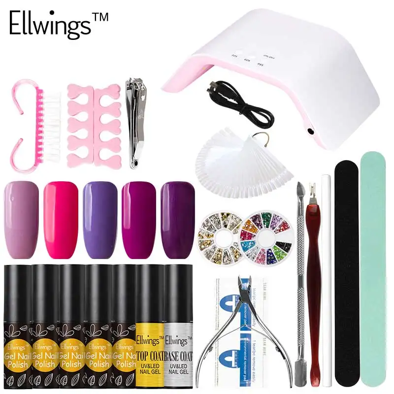 

Ellwings 24W LED UV Lamp for Gel Varnish Base Top Coat and 5pcs Color Gel Nail Polish Nail Design Tool Manicure Set