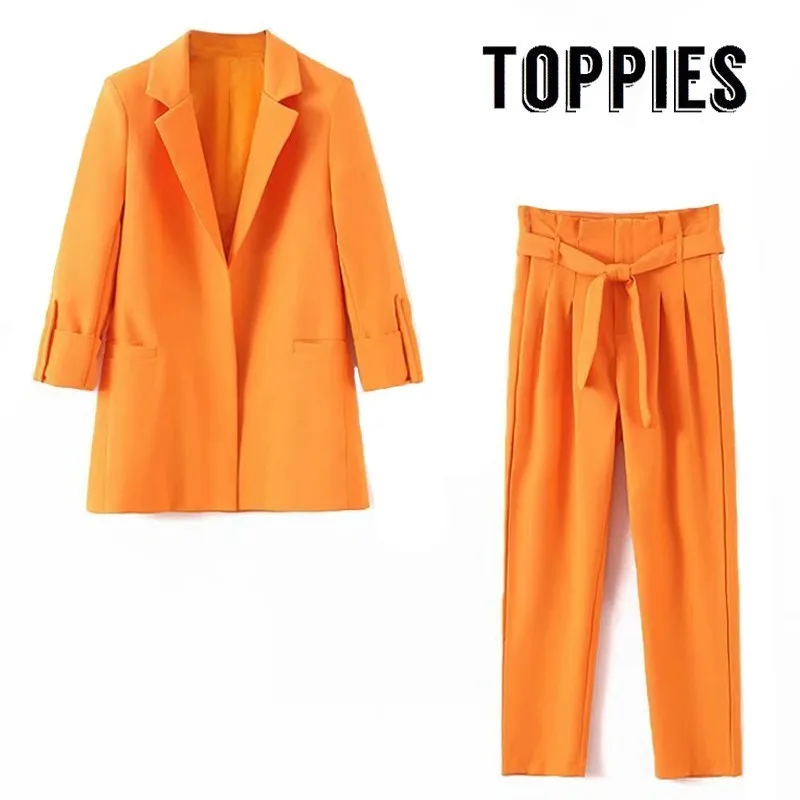 

2019 Two Piece Set Women Small Suit Set Office Lady Orange Blazer Jacket Loose Coat High Waist Pleated Harem Pants