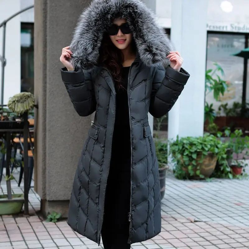 Зимний пуховик для женщин для Европы и России, минус 40, теплое плотное пальто, Воротник из меха серебристой лисы, длинный дизайн 48-58 Q706A