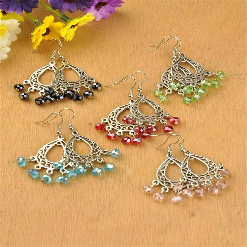 

Tibetan Style Chandelier Earrings, with Glass Beads and Brass Earring Hooks, Mixed Color, 55mm