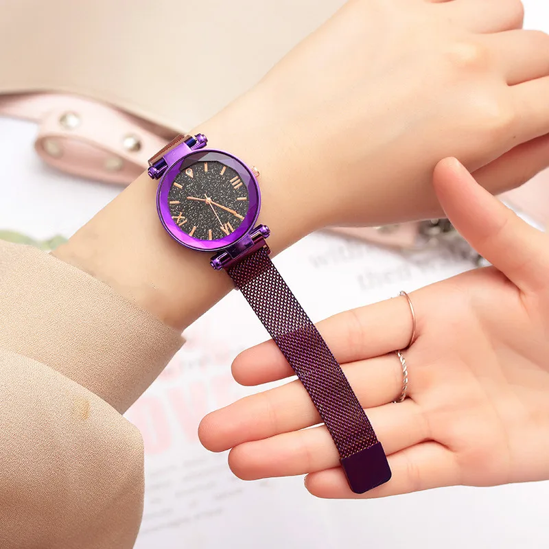 Роскошные женские часы Модные женские наручные часы с магнитным ремешком звездное небо Роскошные Кварцевые часы relogio femino - Цвет: Purple Color